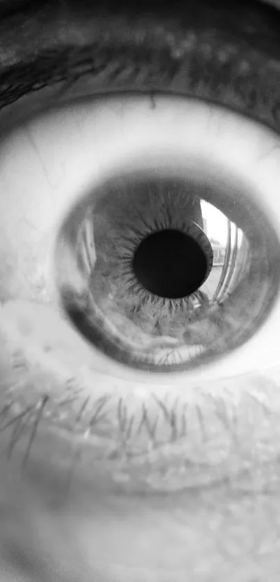 Monochrome close-up of a human eye, showcasing intricate details.