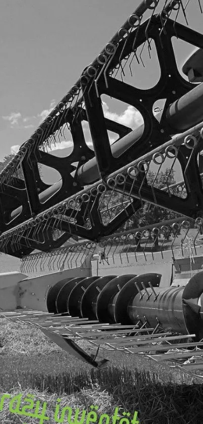 Monochrome farm machinery in a field.