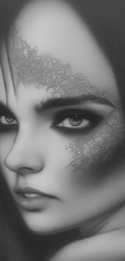 Monochrome portrait of a woman with intricate face patterns.