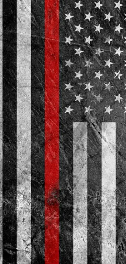 Monochrome American flag wallpaper with a red line symbolizing strength.