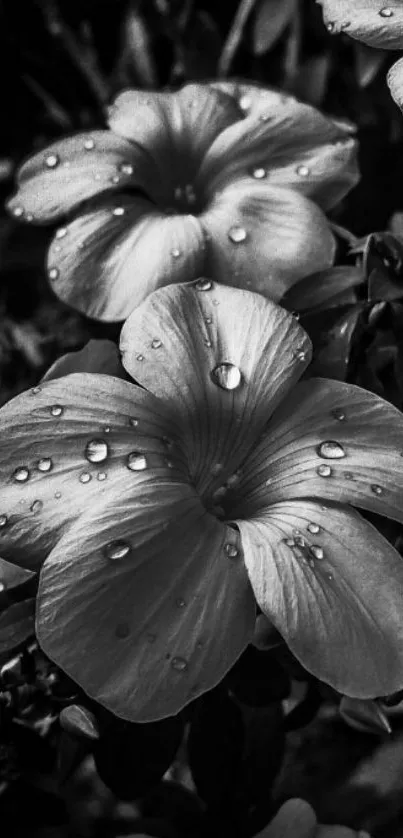 Monochrome floral wallpaper with raindrops on petals.