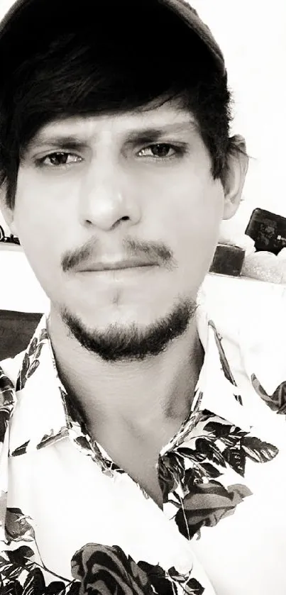 Man in a monochrome floral shirt wearing a cap, minimal background.