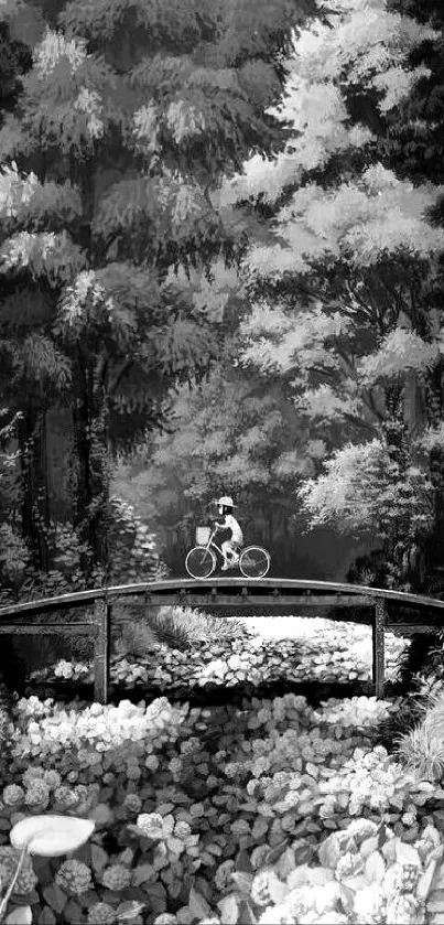 Cyclist crossing a bridge in a monochrome forest landscape.