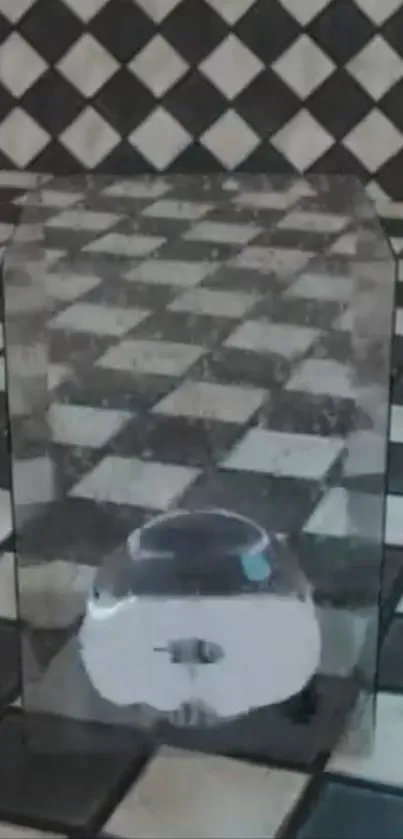 Checkerboard pattern with transparent object on tile floor.