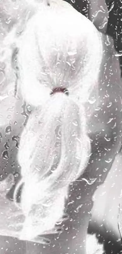 Monochrome wallpaper of a girl behind raindrop-covered glass.