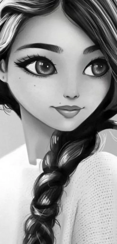 Monochrome illustration of a girl with large eyes and braided hairstyle.