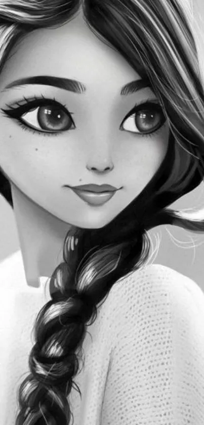 Monochrome illustration of a girl with braided hair, exuding elegance.