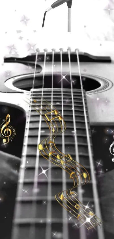 Monochrome close-up of a guitar on a bed.