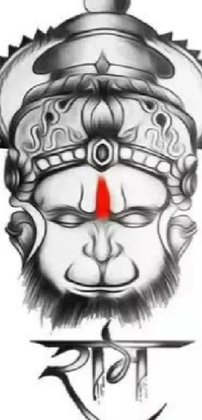 Monochrome Hanuman artwork with intricate details on white background.