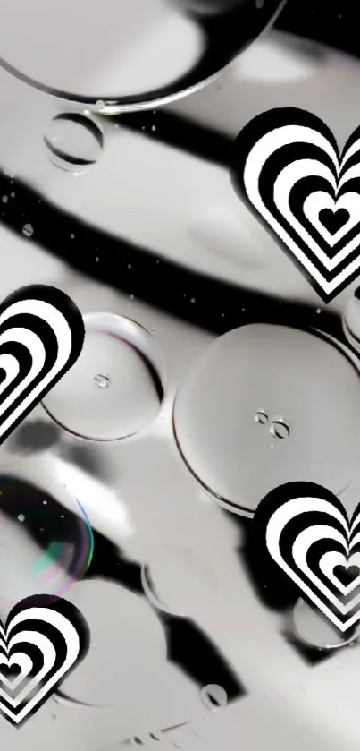 Monochrome heart pattern mobile wallpaper with reflective background.
