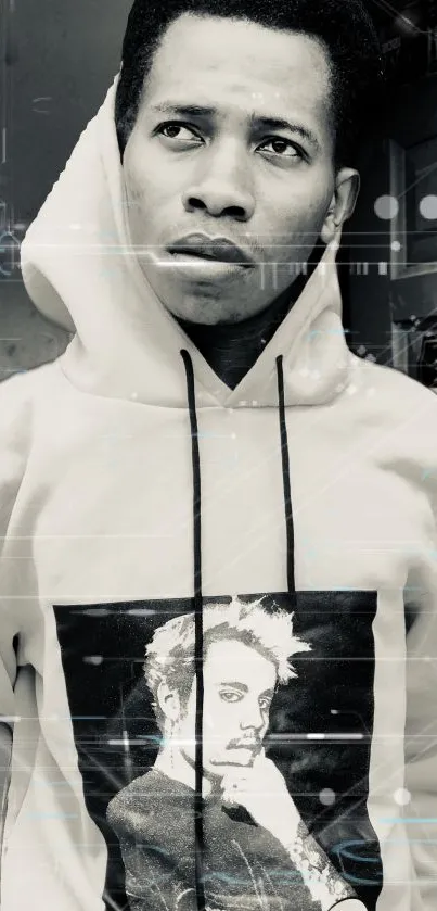 Monochrome hoodie with digital glitch effect, featuring a portrait.