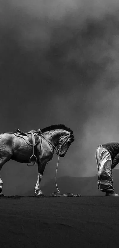 Black and white wallpaper featuring a horse and kneeling person on dark terrain.