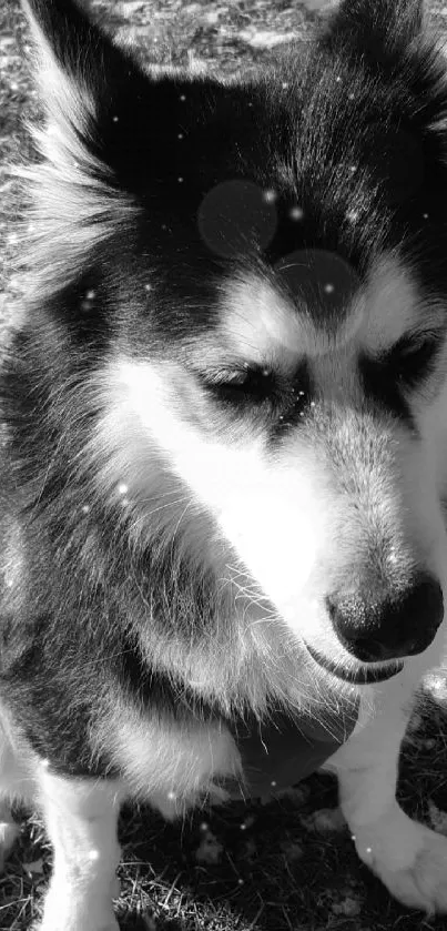 Monochrome image of a husky dog sitting outdoors.