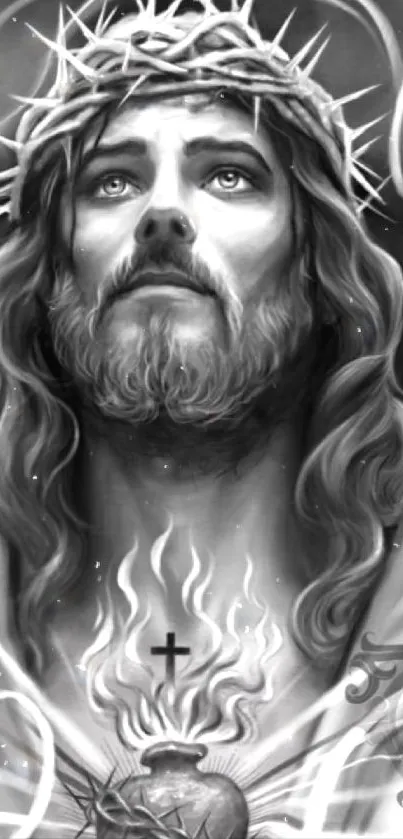 Monochrome artistic portrait of Jesus with symbolic religious elements.