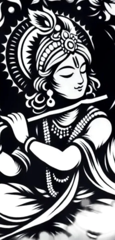 Monochrome artwork of Lord Krishna playing flute.