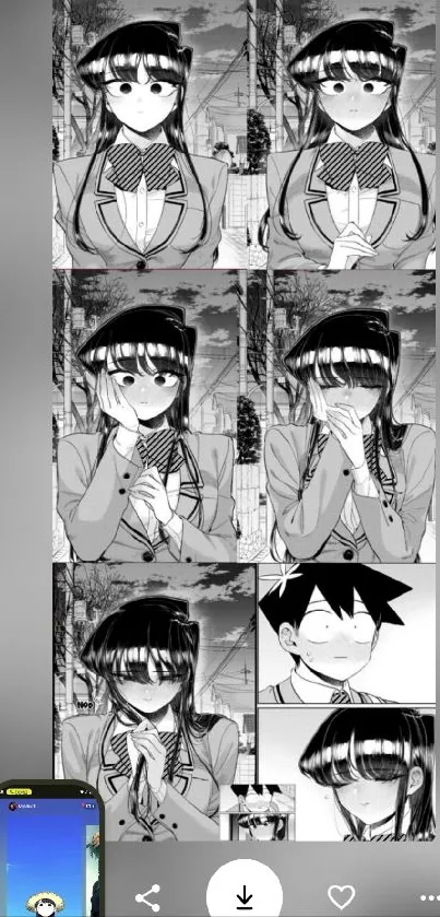 Monochrome manga wallpaper with various character expressions.