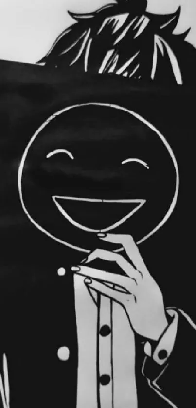 Monochrome art of a character holding a mask with a smiling face.