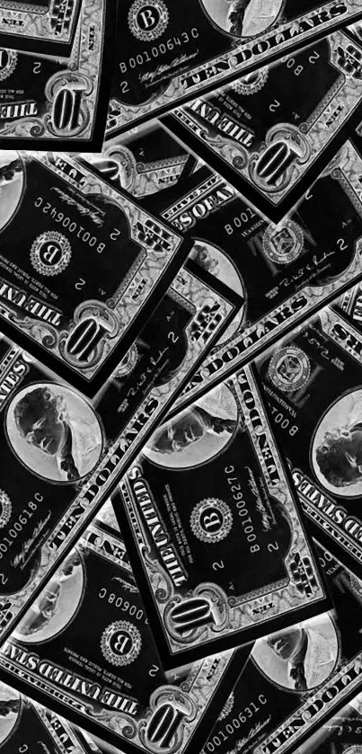 Monochrome collage of dollar bills as a mobile wallpaper.