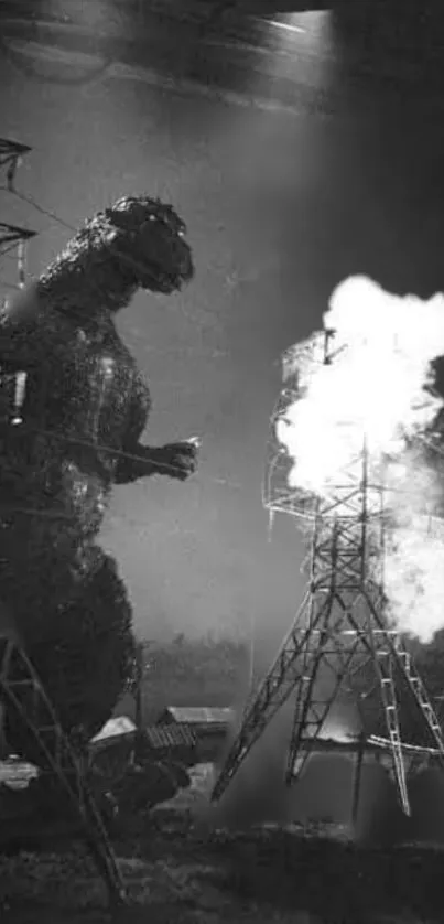 Black and white image of a giant monster near burning towers.