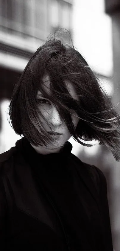 Monochrome portrait of a person with a windswept bob haircut, exuding mystery.