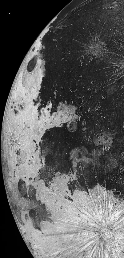 Monochrome moon surface with craters and textures in a mobile wallpaper.