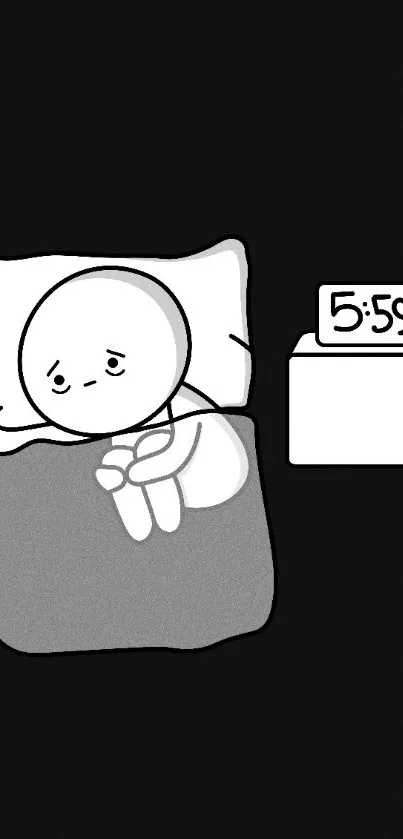 Cartoon character in bed with an alarm clock at 5:59 on a black background.