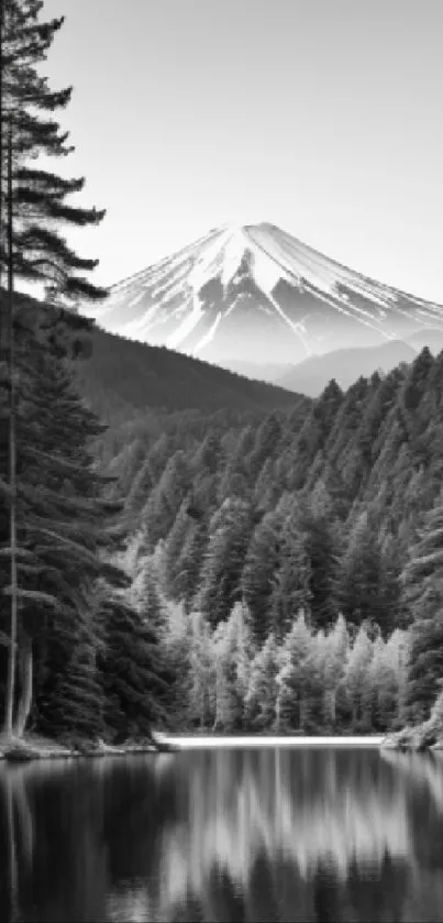 Monochrome wallpaper of a tranquil mountain and forest reflected in water.