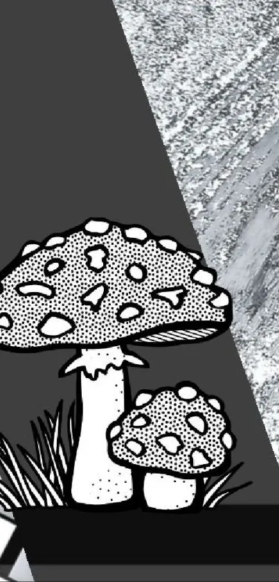 Monochrome mushroom art with geometric patterns in grayscale.