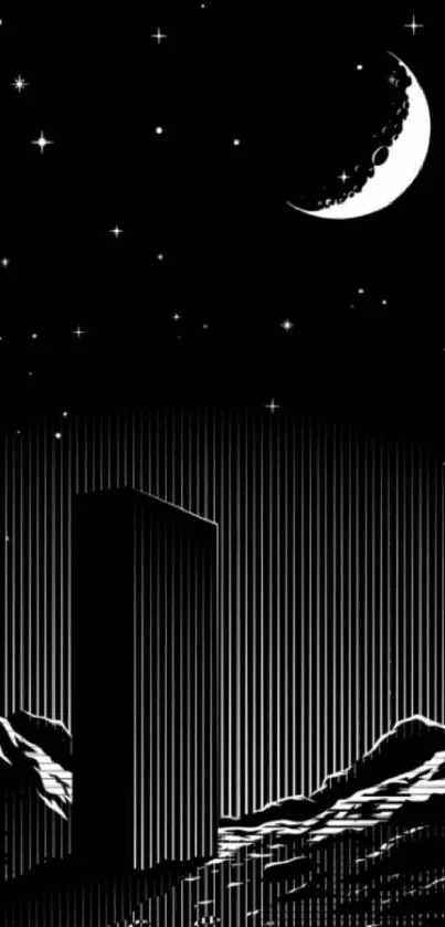 Monochrome wallpaper with cityscape and moon.