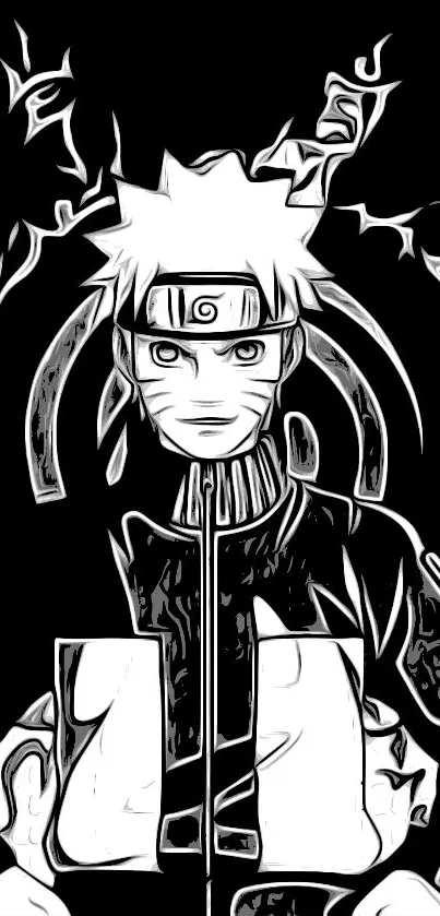 Monochrome artwork of a ninja character with dynamic design elements.