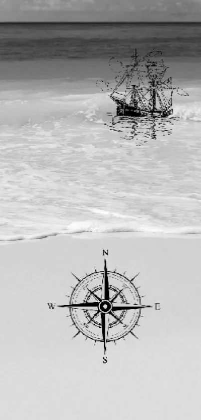 Monochrome ocean wallpaper with ship and compass design.