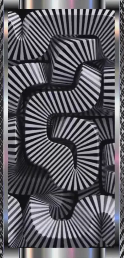 Monochrome optical illusion wallpaper with metal frame design.
