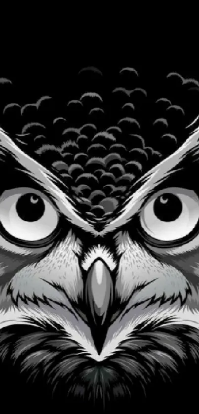 Monochrome owl graphic art on black background.