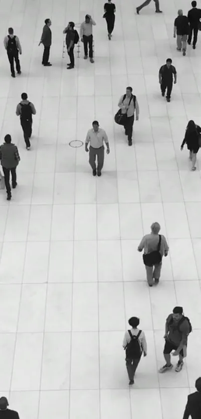 Black and white urban scene with people walking.