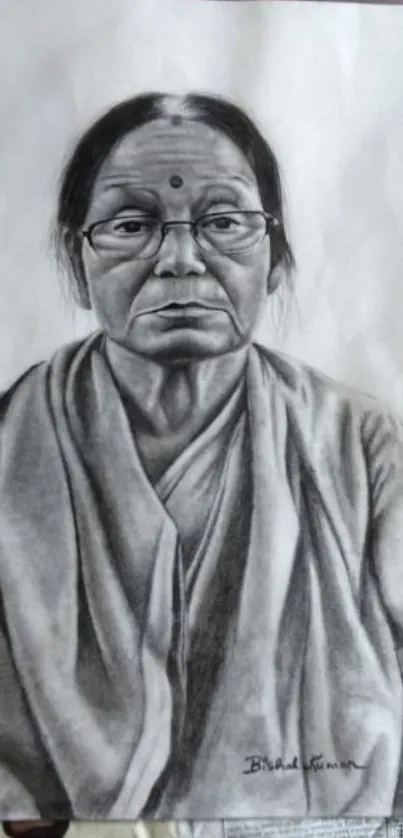 Realistic charcoal portrait of an elderly woman on wallpaper.