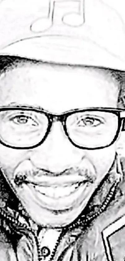 Monochrome artistic sketch of a person's face with glasses and hat.