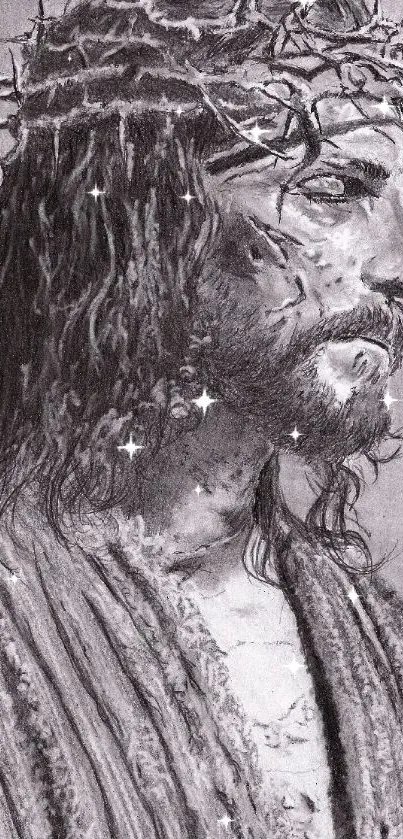 Monochrome drawing of Christ with a crown of thorns, serene expression.