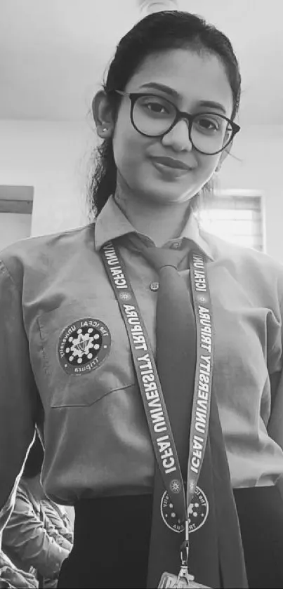 Black and white portrait of a young woman with glasses, for mobile wallpaper.