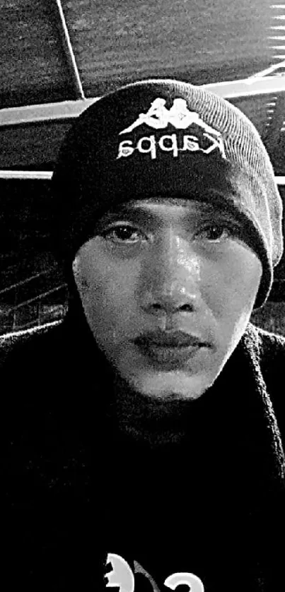 Artistic monochrome portrait of person wearing a beanie, featuring dramatic shadows.