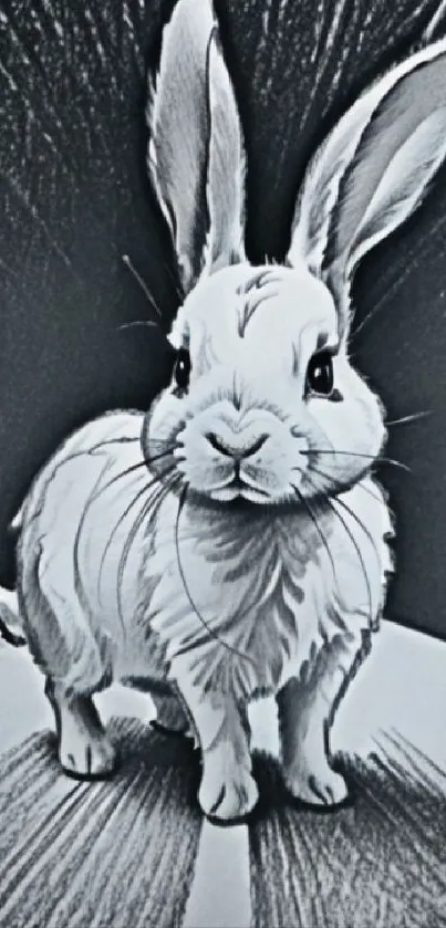 Monochrome sketch of a rabbit with dynamic lines on a mobile wallpaper.