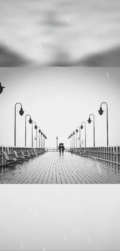 Monochrome wallpaper of a rainy dock scene with lampposts and benches.