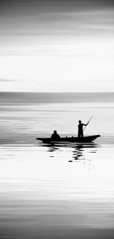 Black and white wallpaper with fishermen on a calm lake in a minimalist style.