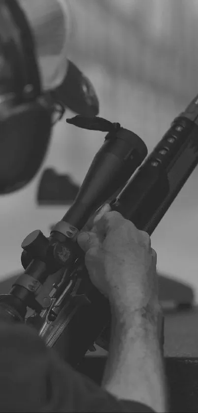 Monochrome image of a person aiming a rifle in a shooting range.