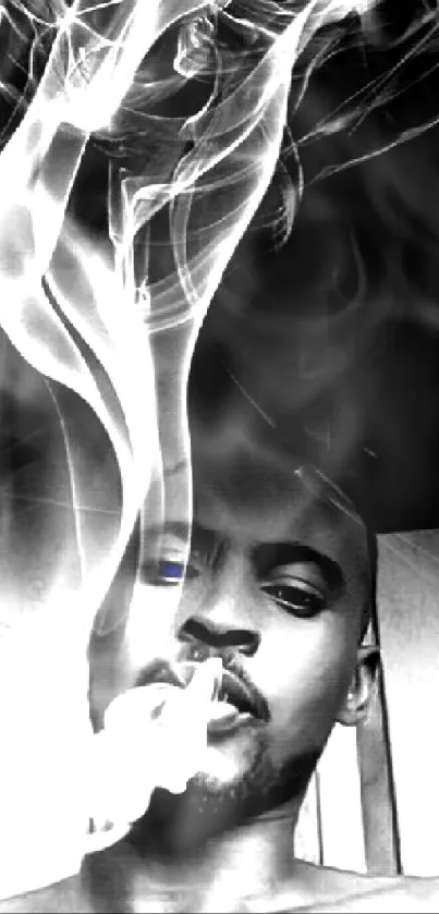 Monochrome image of man exhaling smoke in artistic style.