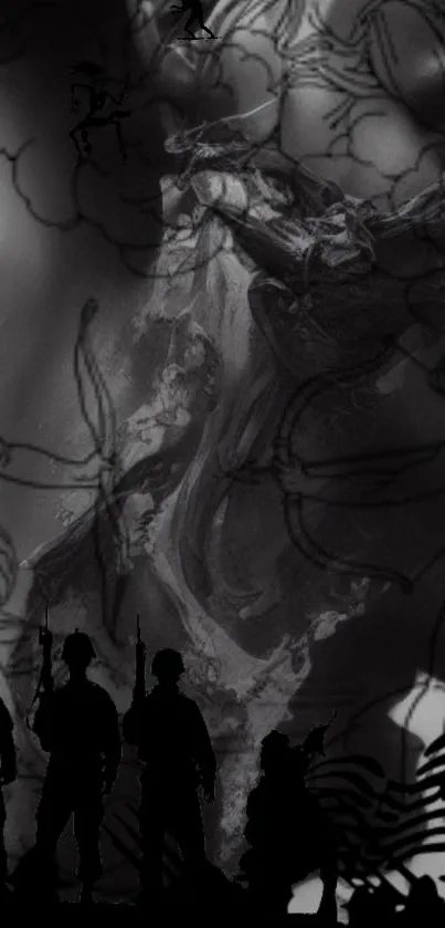 Monochrome wallpaper with soldiers' silhouettes and abstract art.