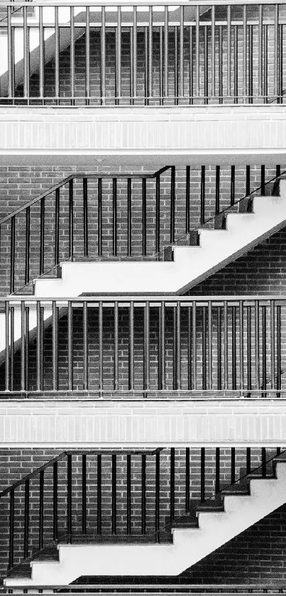 Monochrome staircase with brick walls and metal railings in grayscale.