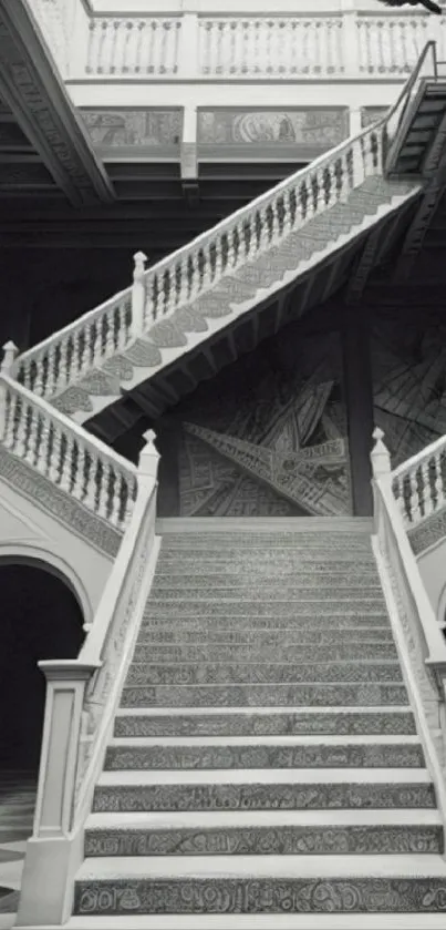 Monochrome staircase in classic architecture black and white wallpaper.