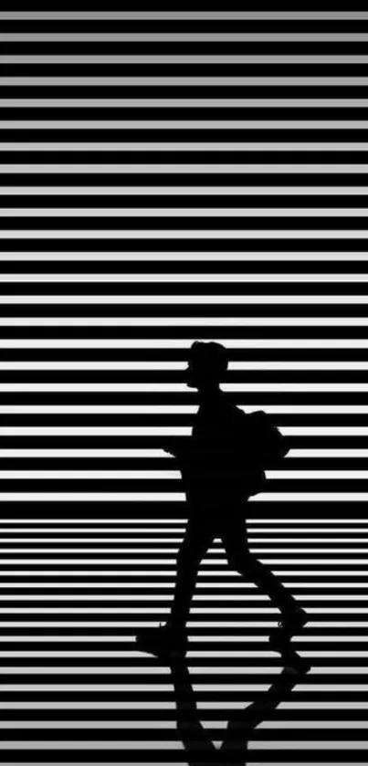 Black and white striped wallpaper with a walking silhouette.