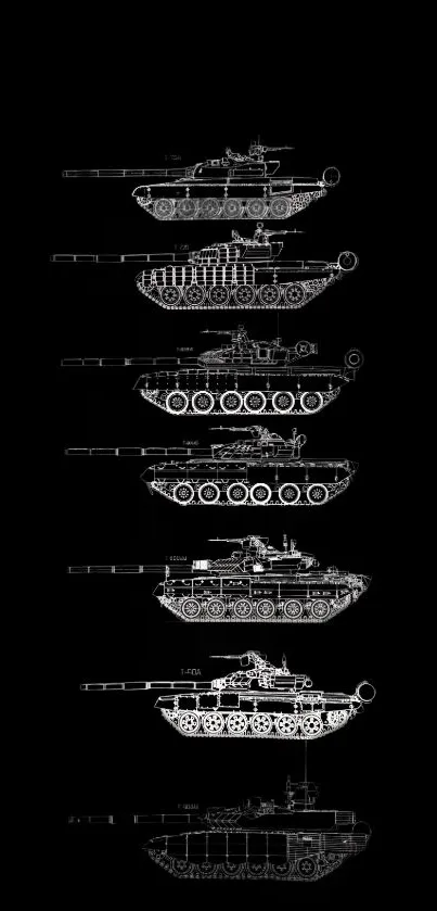 Monochrome wallpaper with six tank blueprints on a black background.