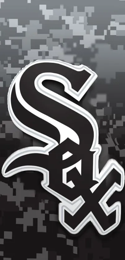 Monochrome sports team logo with dark camo background.